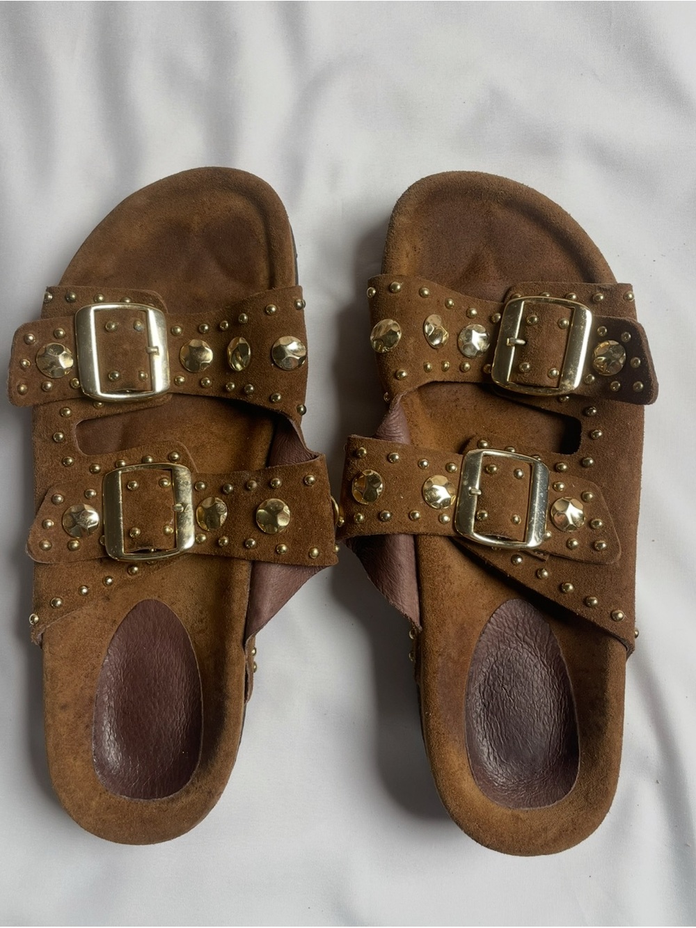 Maje Brown Suede Studded Double-Buckle Slide Mules